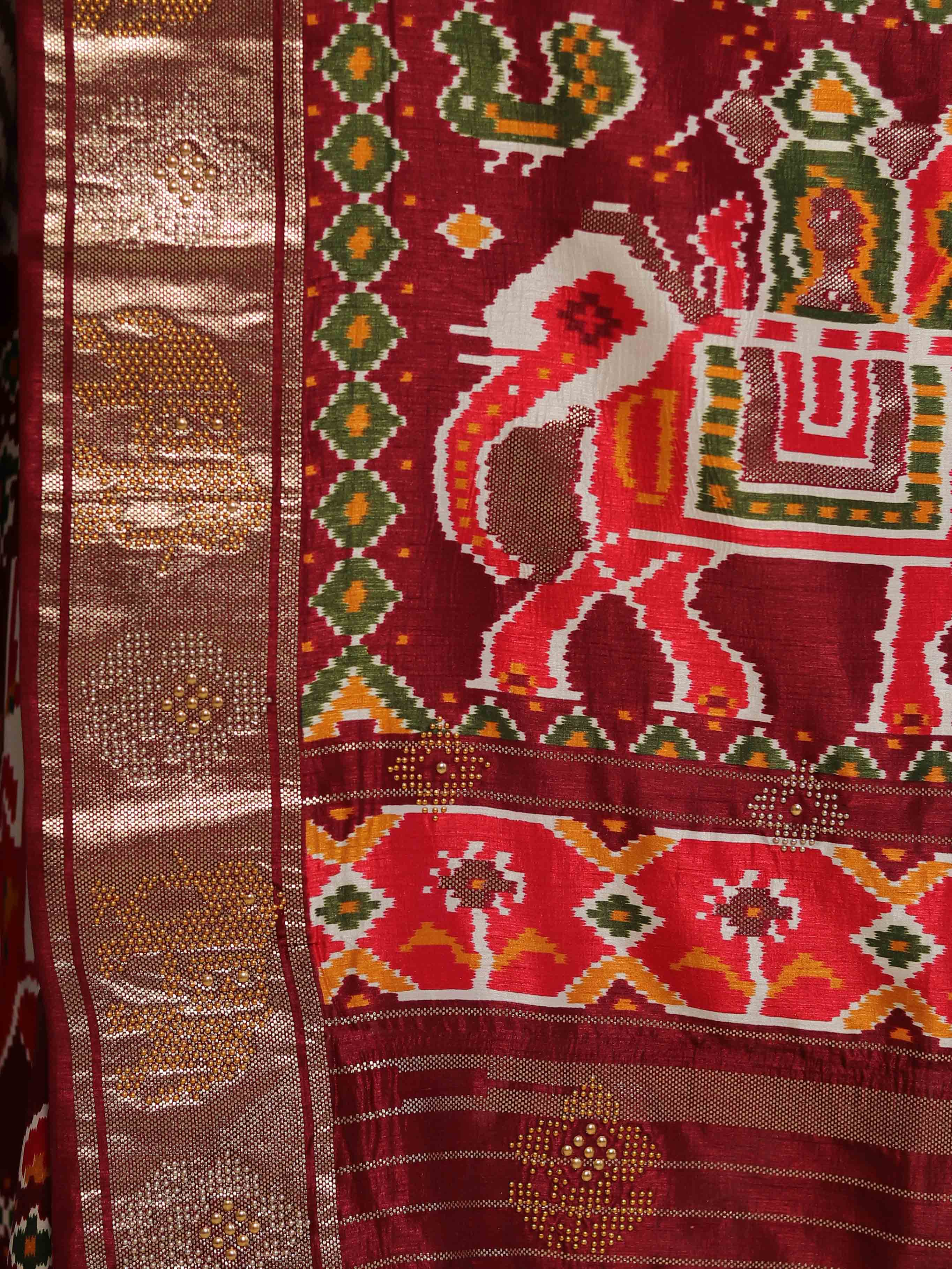 Banarasee Soft Silk Patola Saree With Zari Border-White & Maroon
