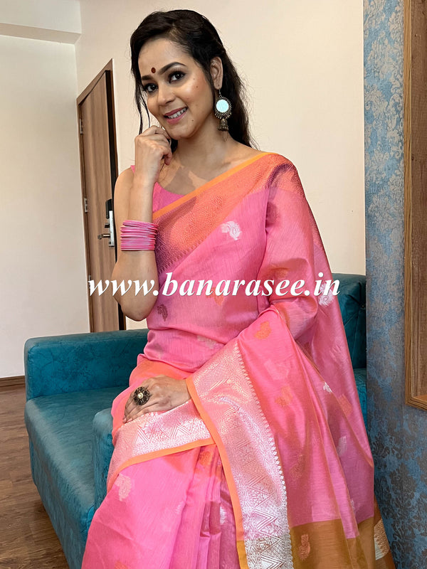 Banarasee Cotton Silk Saree With Copper & Silver Zari Buta & Border-Pink