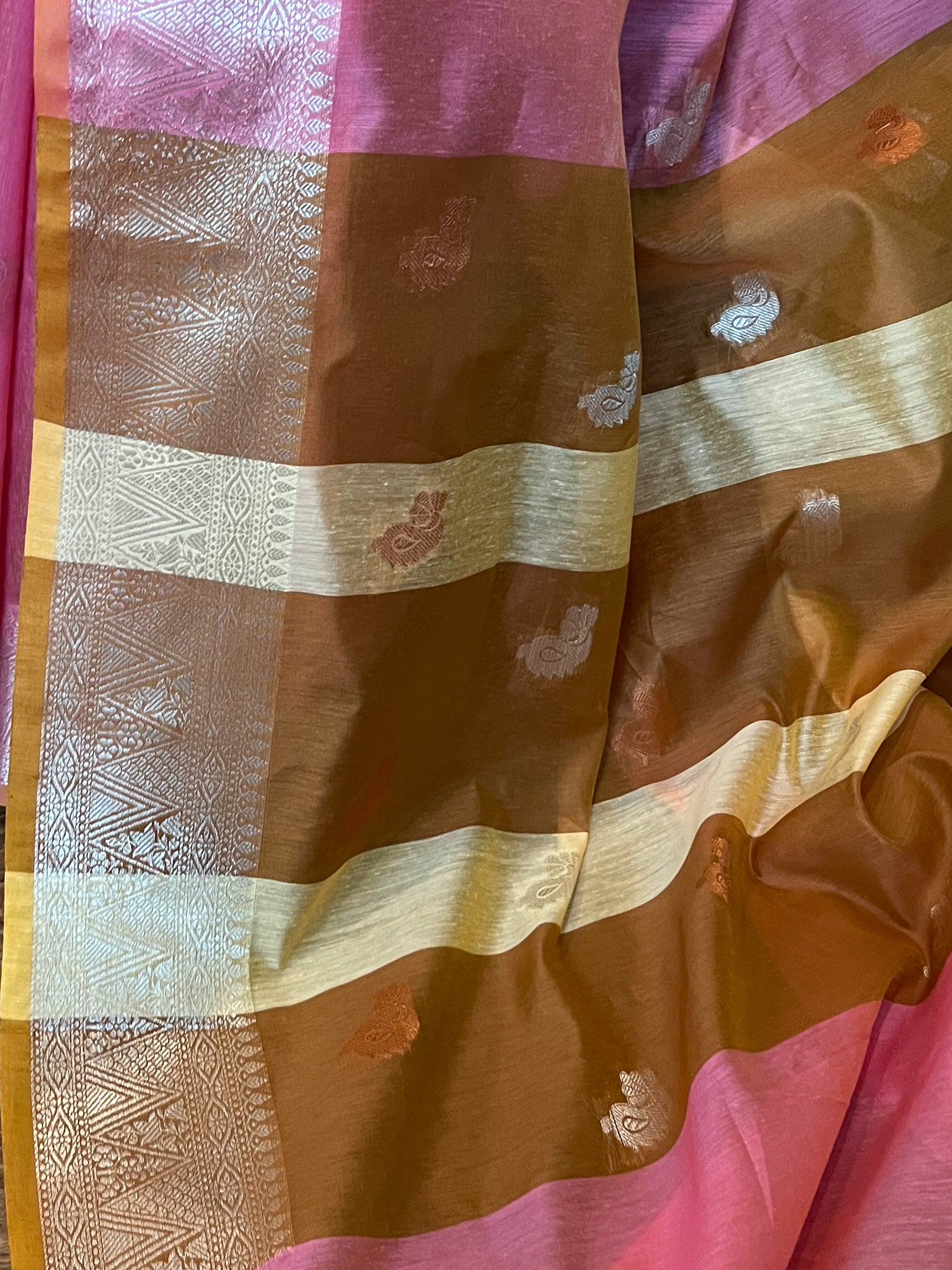 Banarasee Cotton Silk Saree With Copper & Silver Zari Buta & Border-Pink