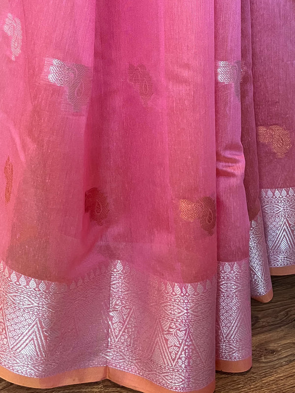 Banarasee Cotton Silk Saree With Copper & Silver Zari Buta & Border-Pink