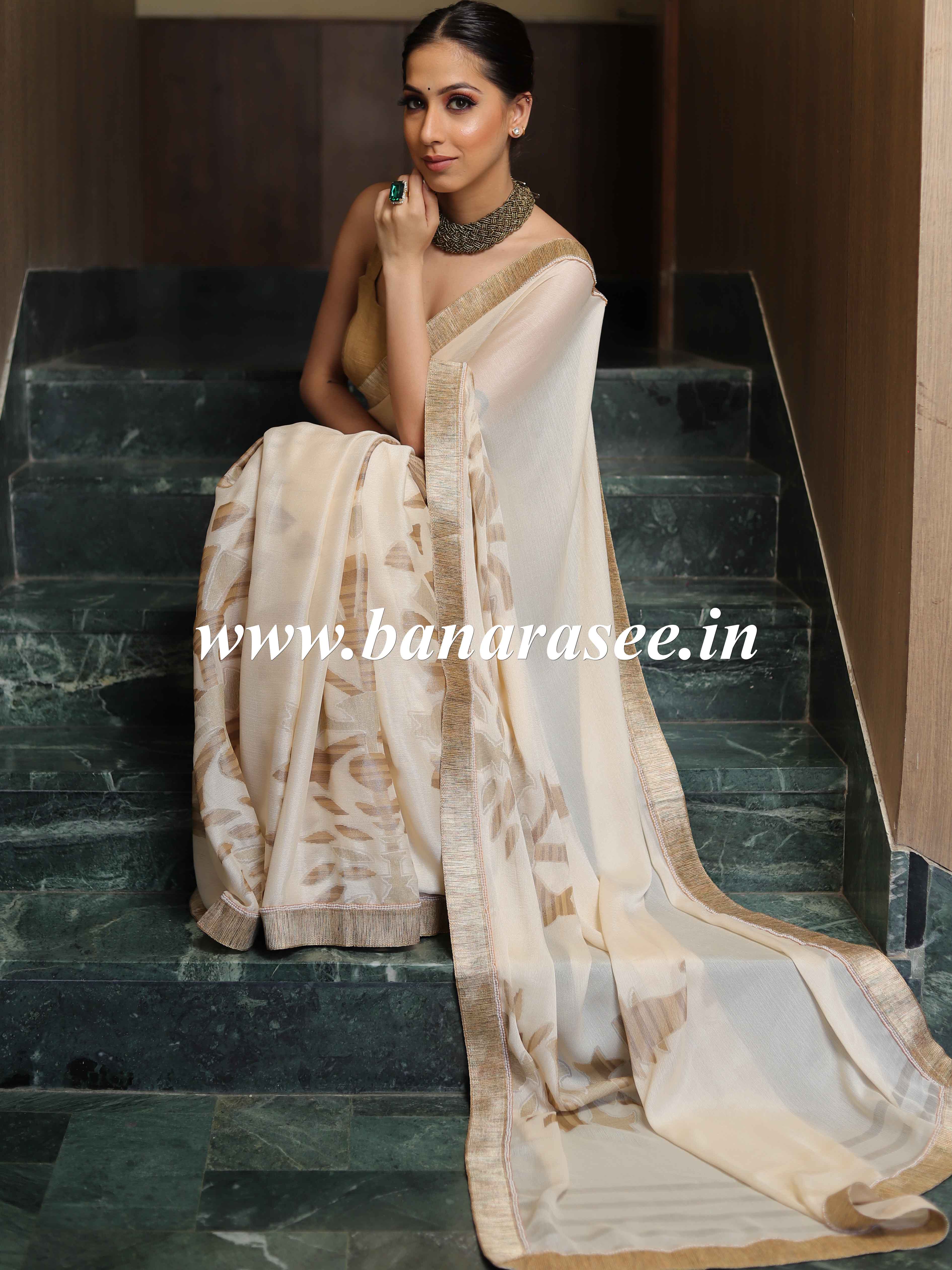 Banarasee Soft Chiffon Saree With Contrast Border-Cream