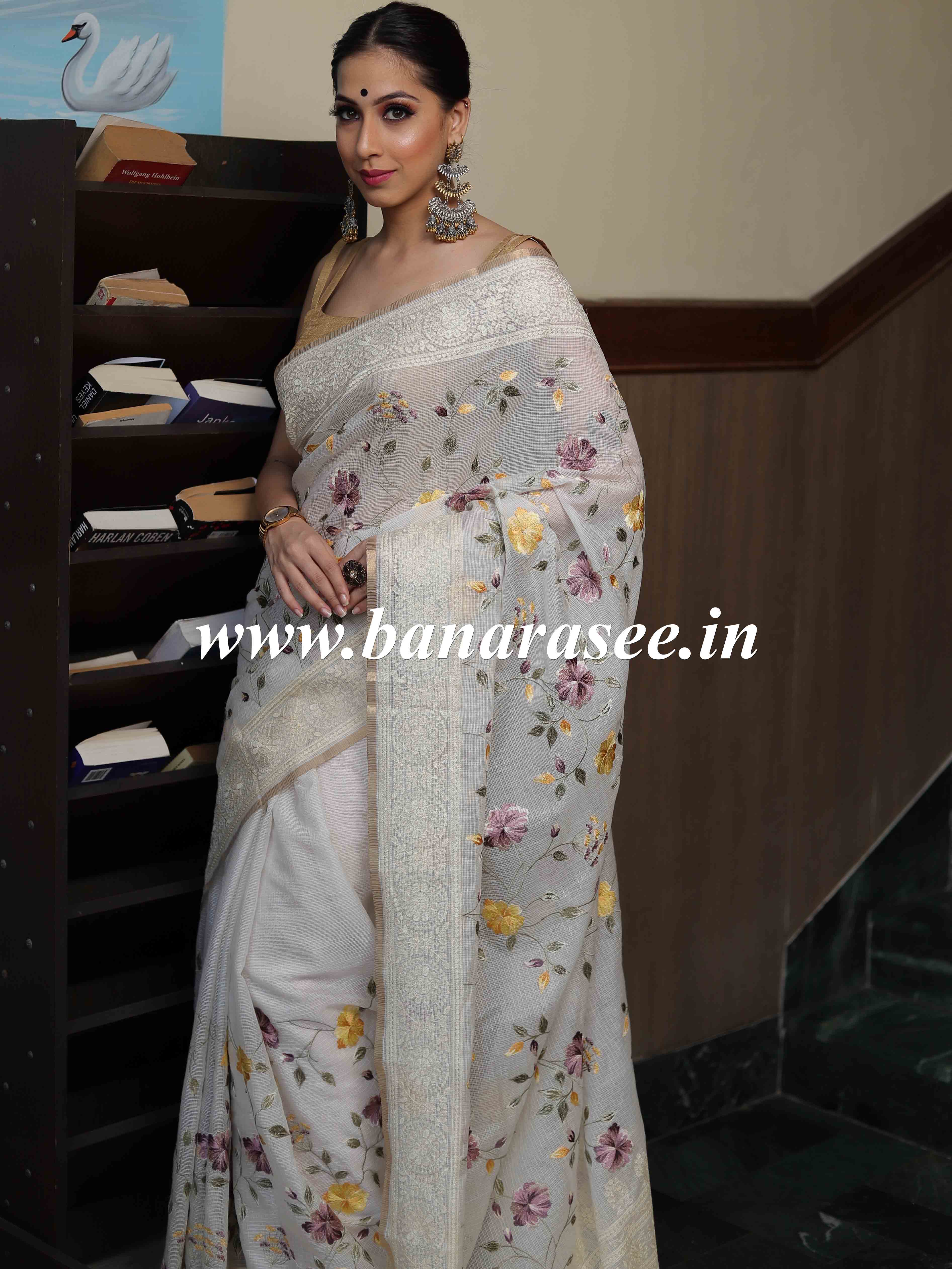 Banarasee Kota Doria Floral Embroidered Saree-White