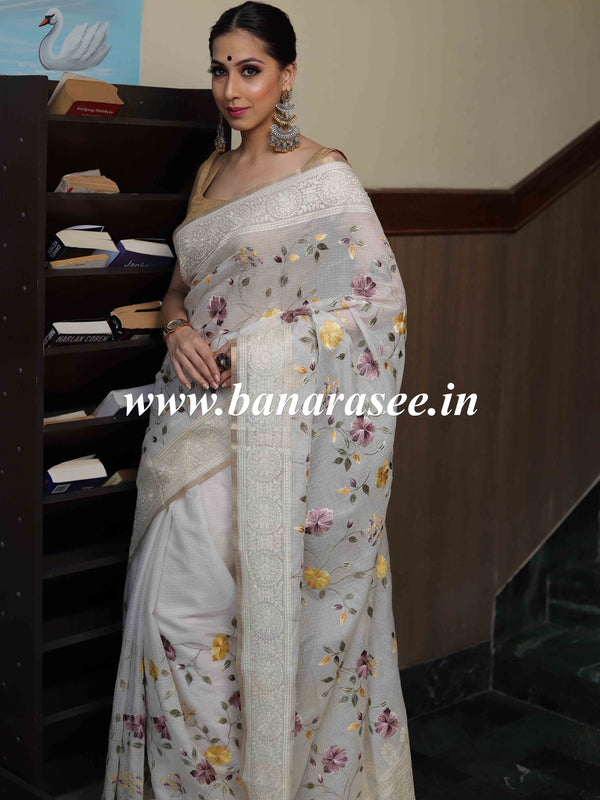 Banarasee Kota Doria Floral Embroidered Saree-White