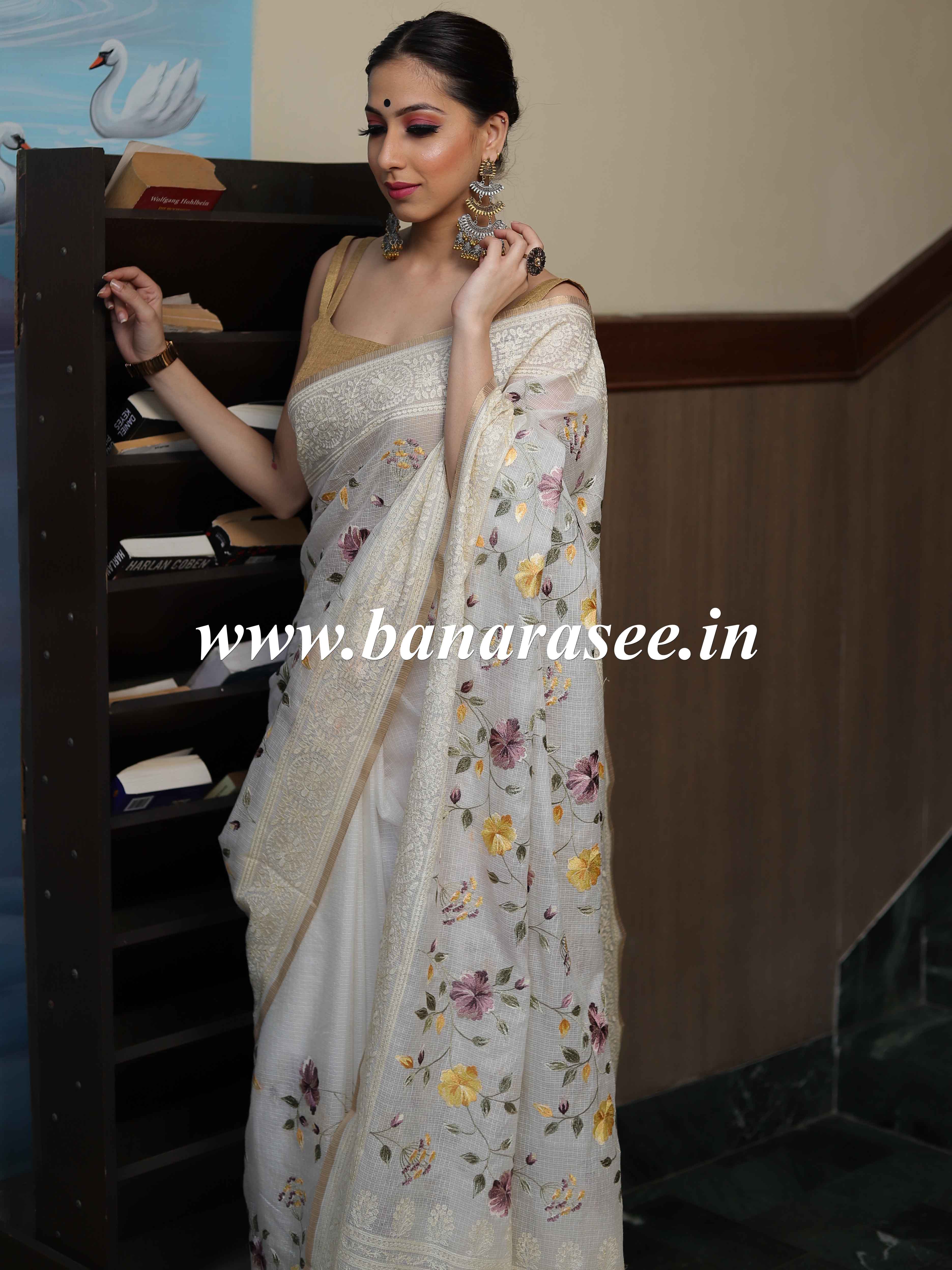 Banarasee Kota Doria Floral Embroidered Saree-White