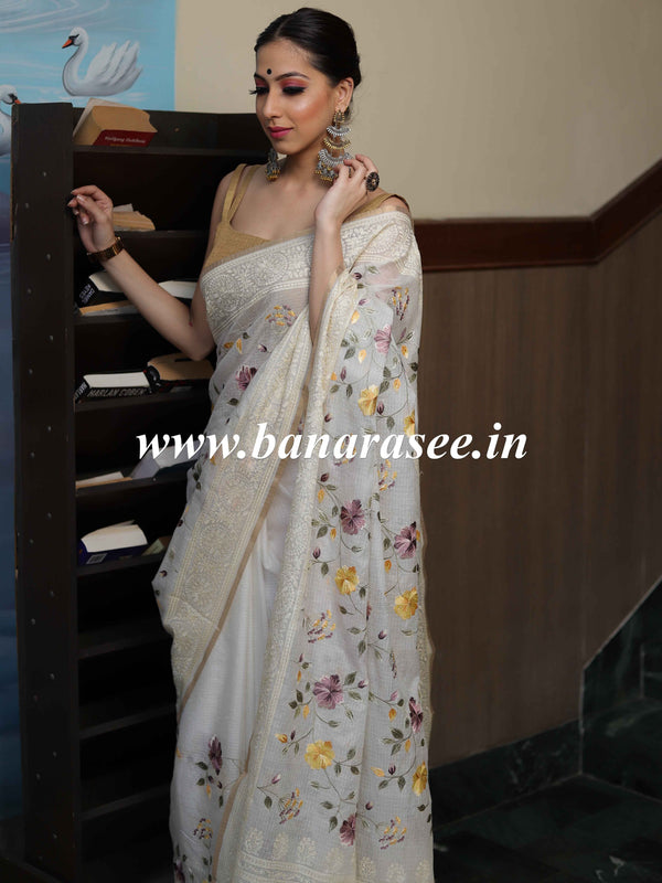 Banarasee Kota Doria Floral Embroidered Saree-White