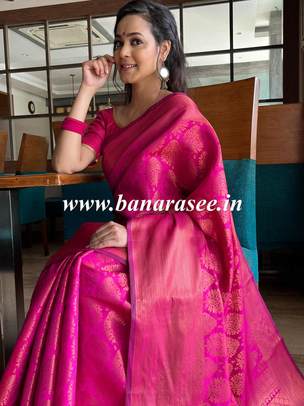 Banarasee Semi Silk Saree With Copper Zari Buta & Border Design-Magenta