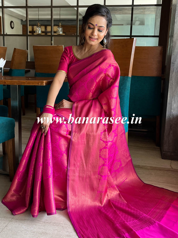 Banarasee Semi Silk Saree With Copper Zari Buta & Border Design-Magenta