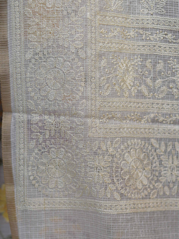 Banarasee Kota Doria Floral Embroidered Saree-White
