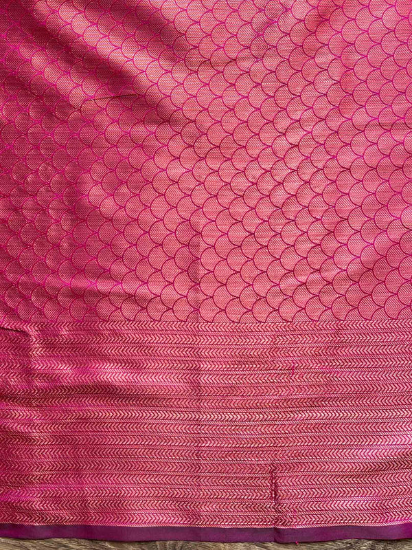 Banarasee Semi Silk Saree With Copper Zari Buta & Border Design-Magenta