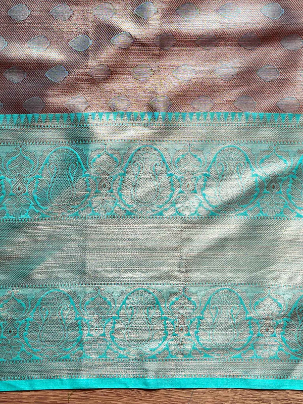 Banarasee Handwoven Contrast Border Tissue Saree With Self Weaving Design-Pink
