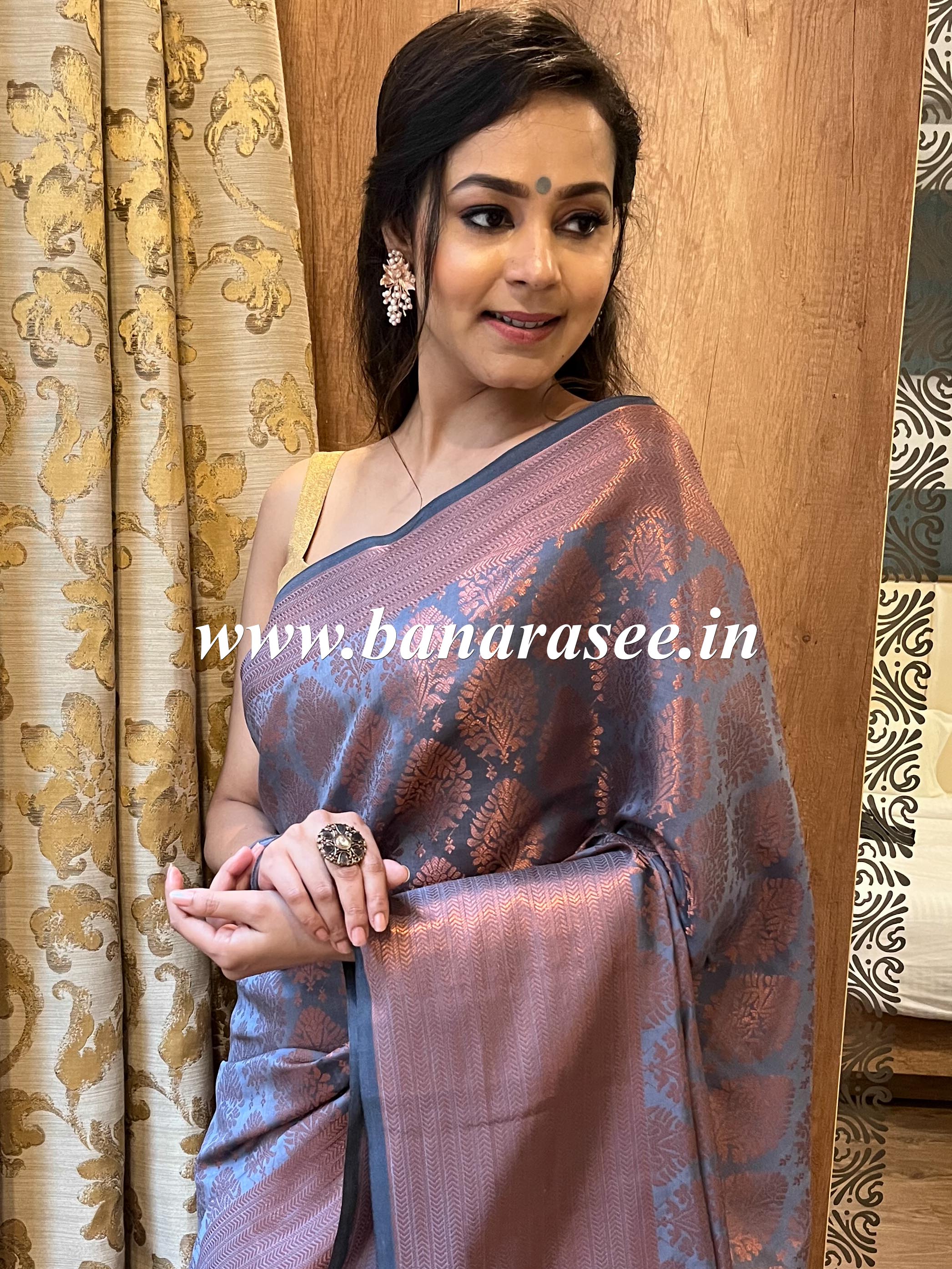 Banarasee Semi Silk Saree With Copper Zari Buta & Border Design-Grey