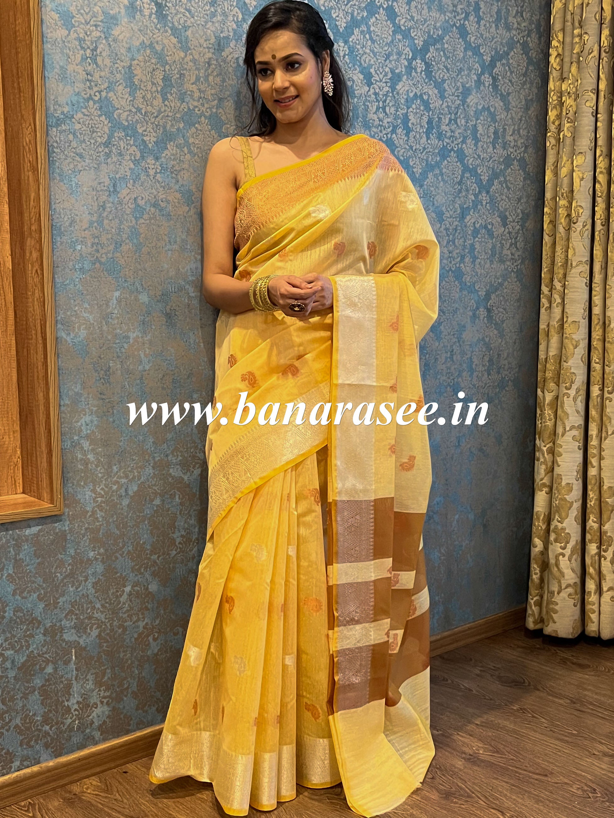 Banarasee Cotton Silk Saree With Copper & Silver Zari Buta & Border-Light Yellow