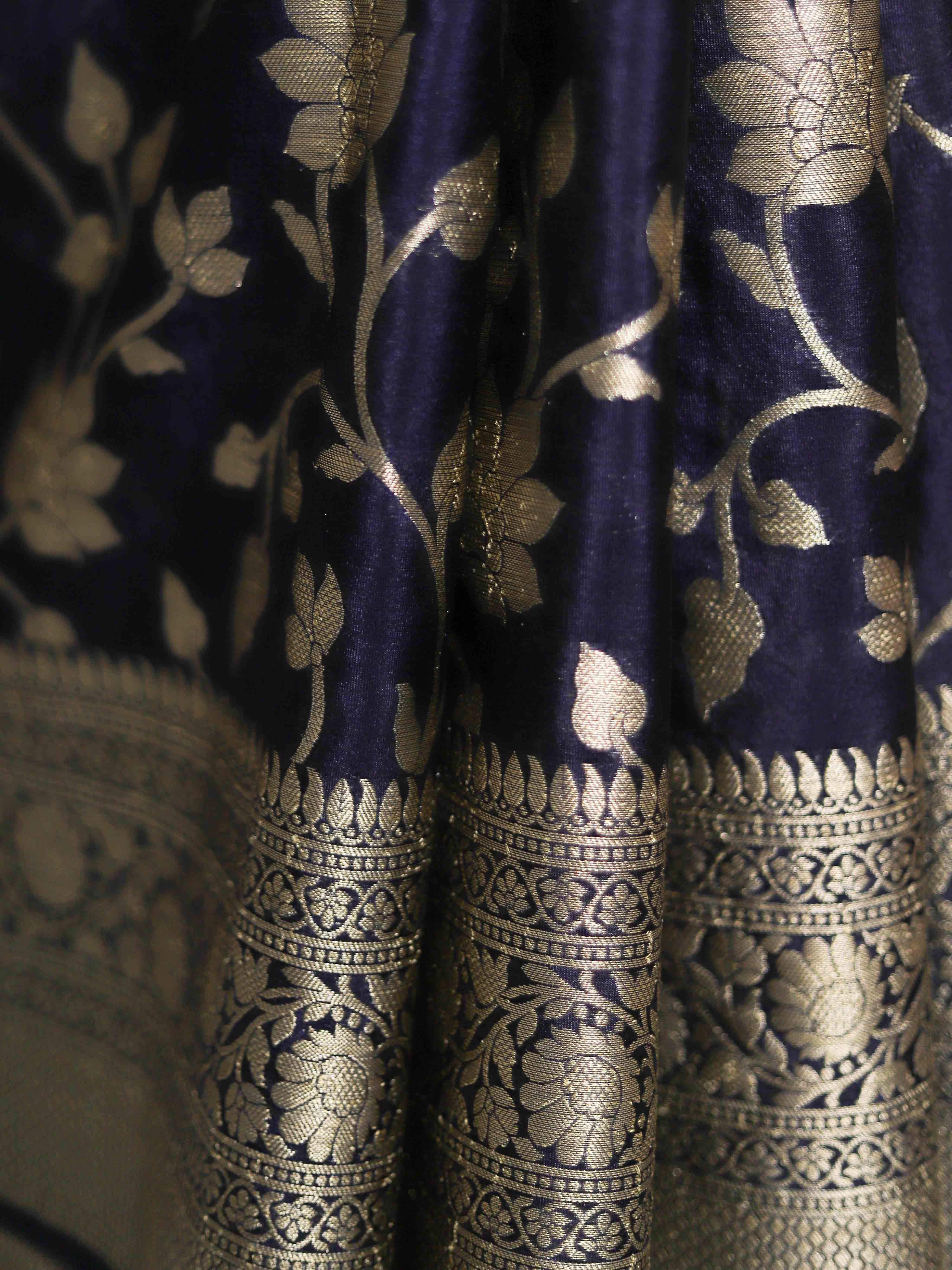 Banarasee Handwoven Semi-Chiffon Saree With Zari Jaal Work-Deep Blue