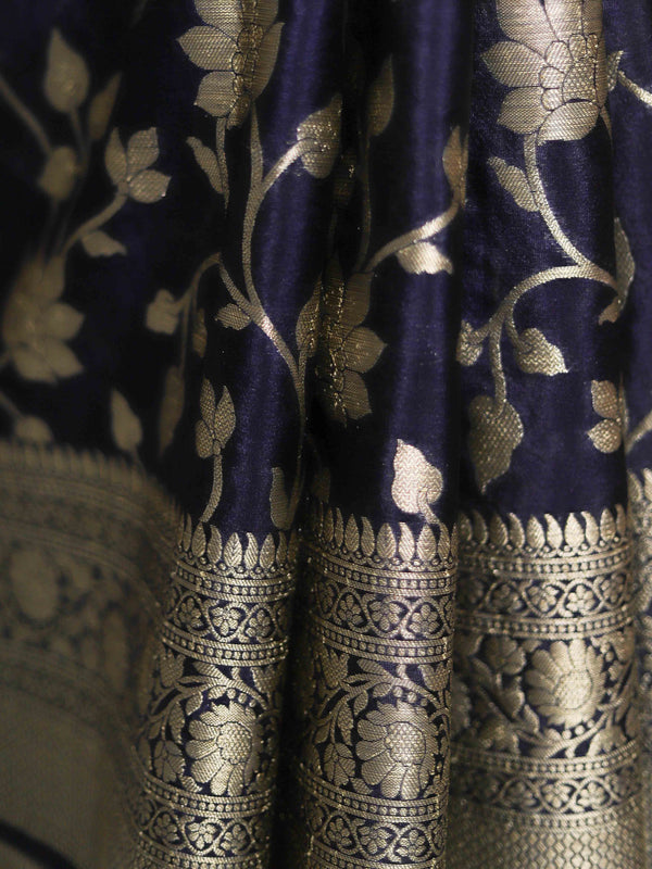 Banarasee Handwoven Semi-Chiffon Saree With Zari Jaal Work-Deep Blue