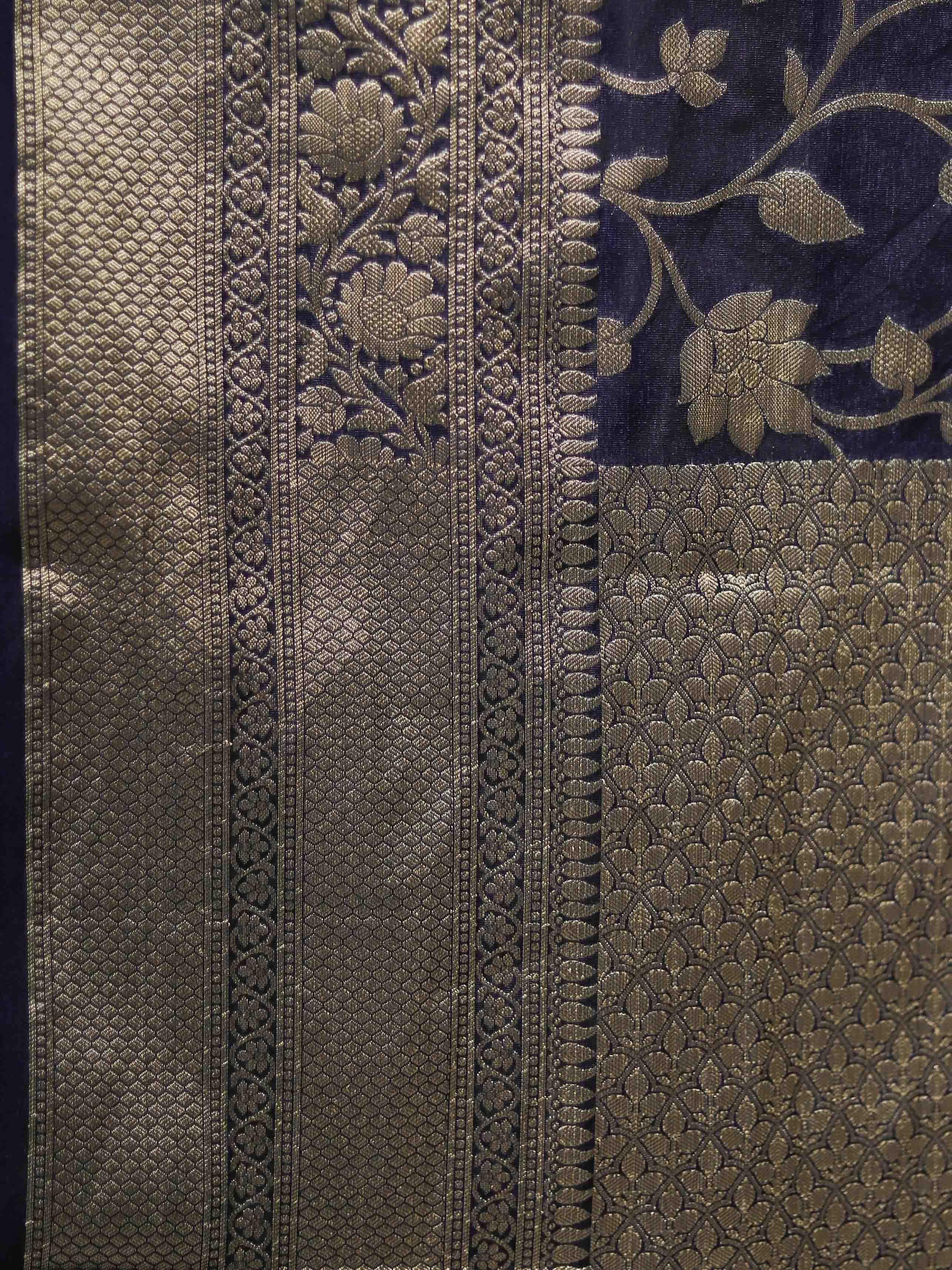Banarasee Handwoven Semi-Chiffon Saree With Zari Jaal Work-Deep Blue