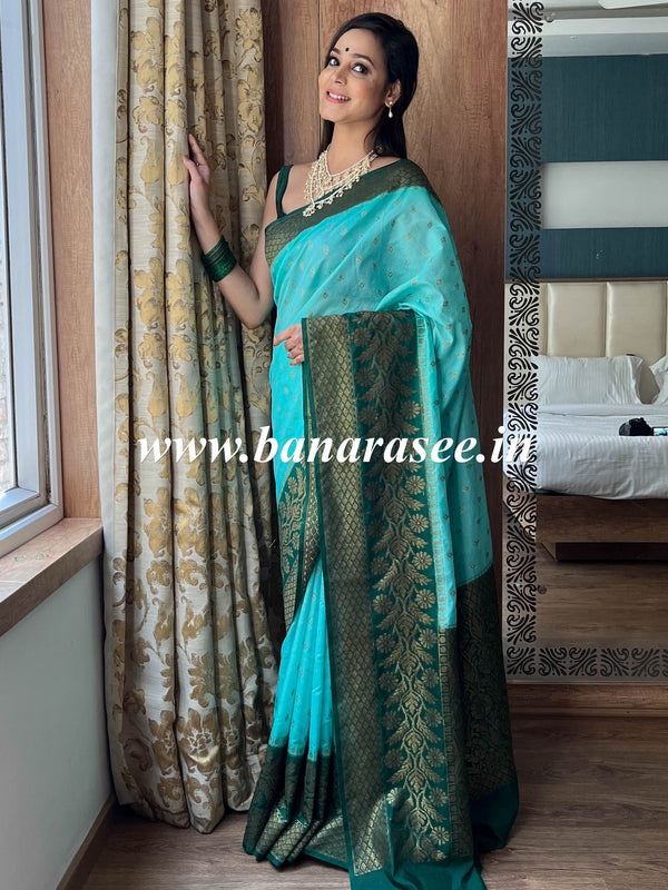 Banarasee Handwoven Semi Silk Saree With Contrast Border-Sea Green & Green