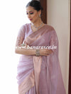 Banarasee Handloom Linen Tissue Copper Zari Border Saree-Pink