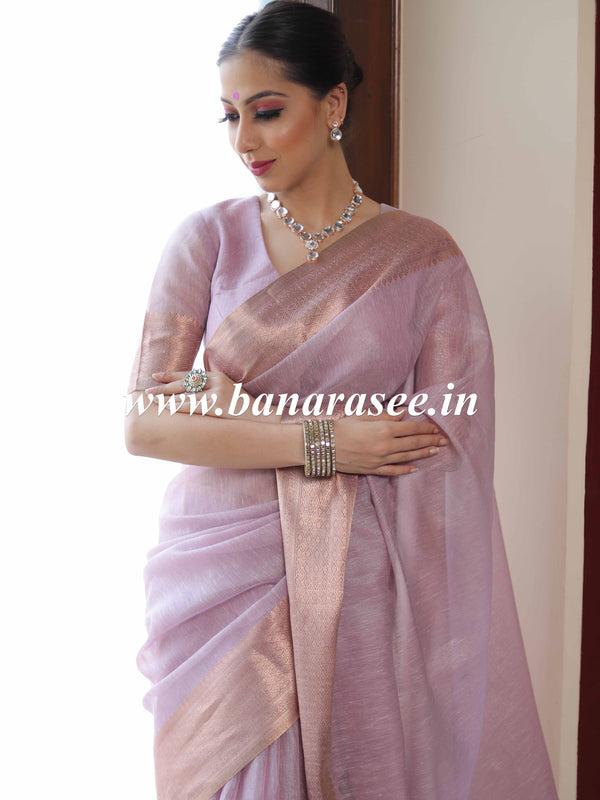 Banarasee Handloom Linen Tissue Copper Zari Border Saree-Pink