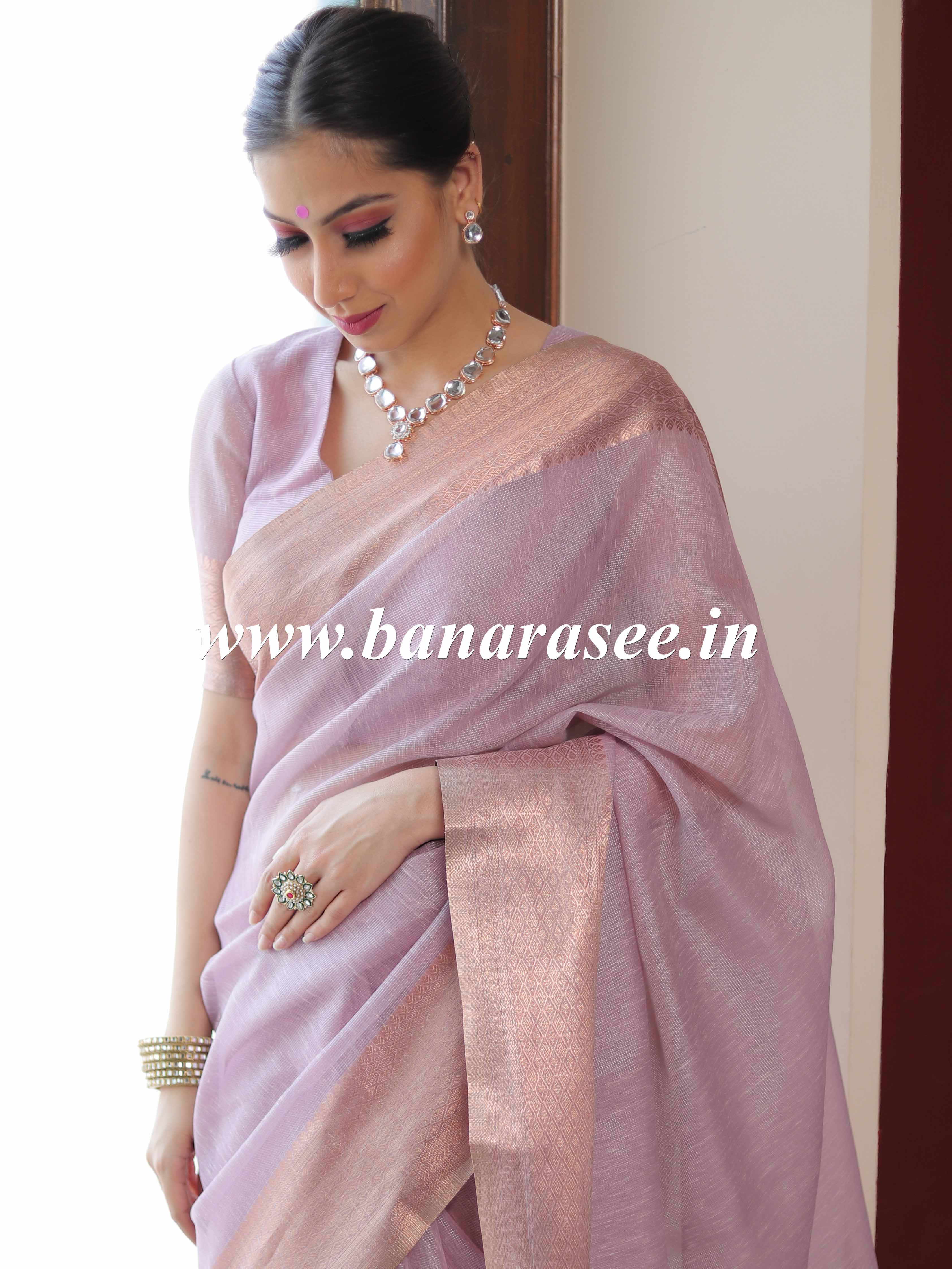 Banarasee Handloom Linen Tissue Copper Zari Border Saree-Pink