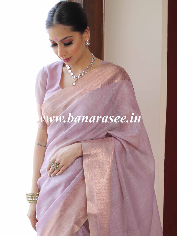Banarasee Handloom Linen Tissue Copper Zari Border Saree-Pink