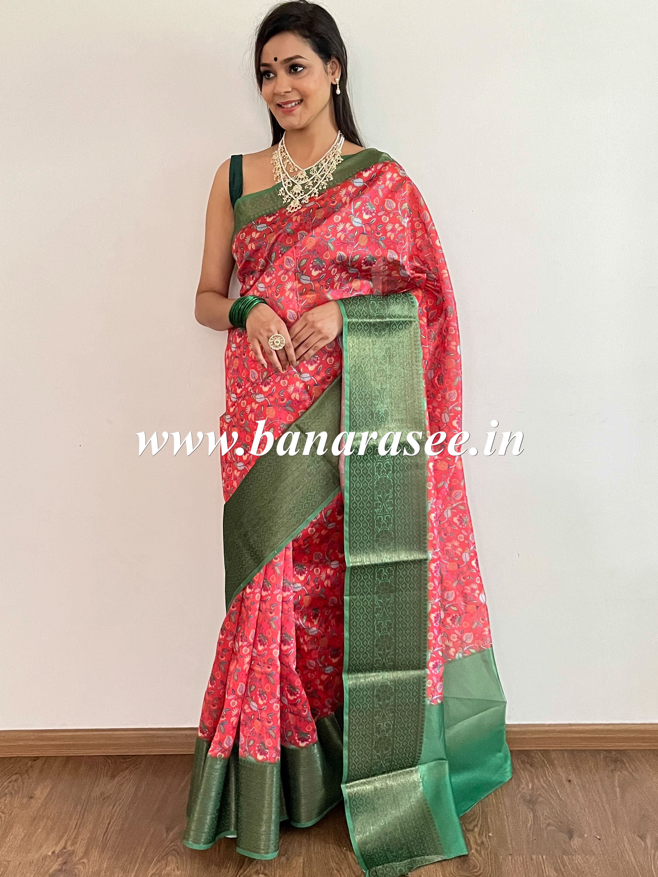 Banarasee Handwoven Semi Silk Saree With Digital Print & Broad Zari Border-Red & Green