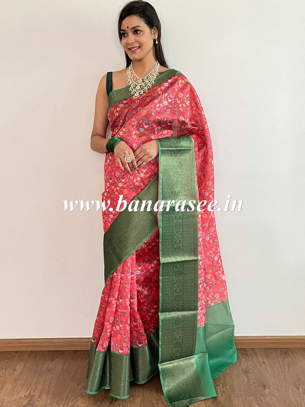 Banarasee Handwoven Semi Silk Saree With Digital Print & Broad Zari Border-Red & Green