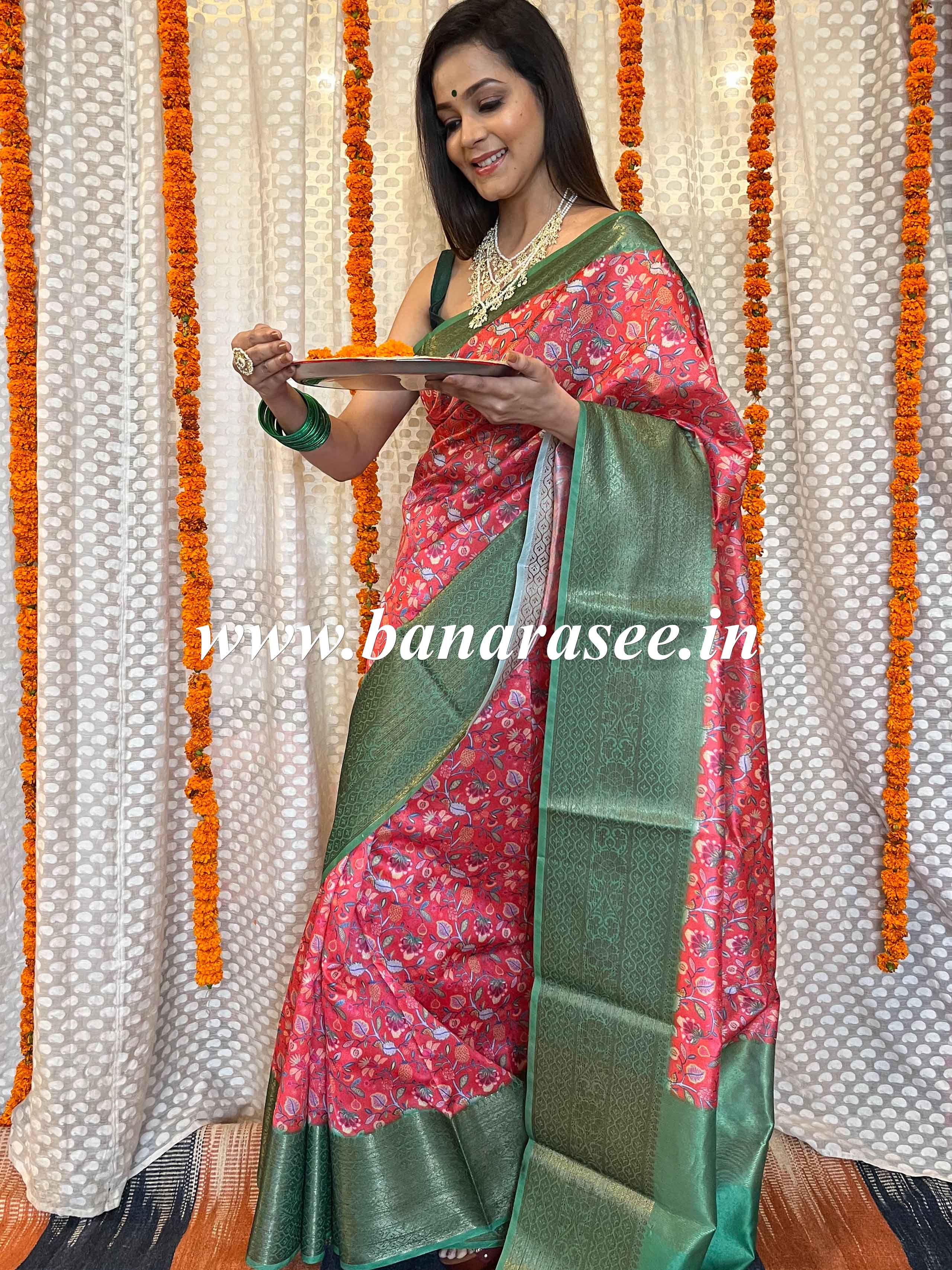 Banarasee Handwoven Semi Silk Saree With Digital Print & Broad Zari Border-Red & Green