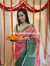 Banarasee Handwoven Semi Silk Saree With Digital Print & Broad Zari Border-Red & Green