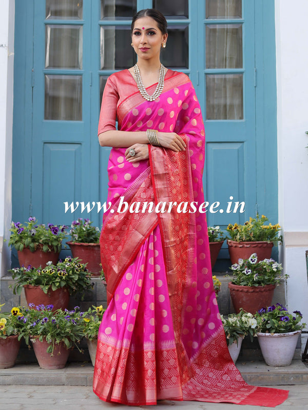 Banarasee Handwoven Semi-Chiffon Saree With Zari Buta & Border-Pink & Red