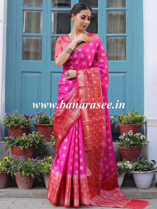 Banarasee Handwoven Semi-Chiffon Saree With Zari Buta & Border-Pink & Red