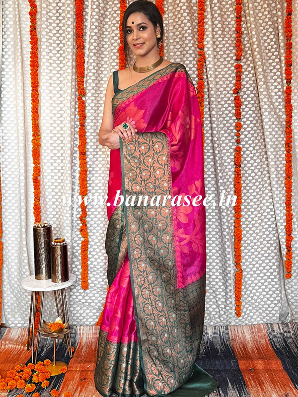 Banarasee Handwoven Semi Silk Saree With Zari Floral Jaal & Contrast Broad Border-Pink & Green