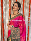 Banarasee Handwoven Semi Silk Saree With Zari Floral Jaal & Contrast Broad Border-Pink & Green