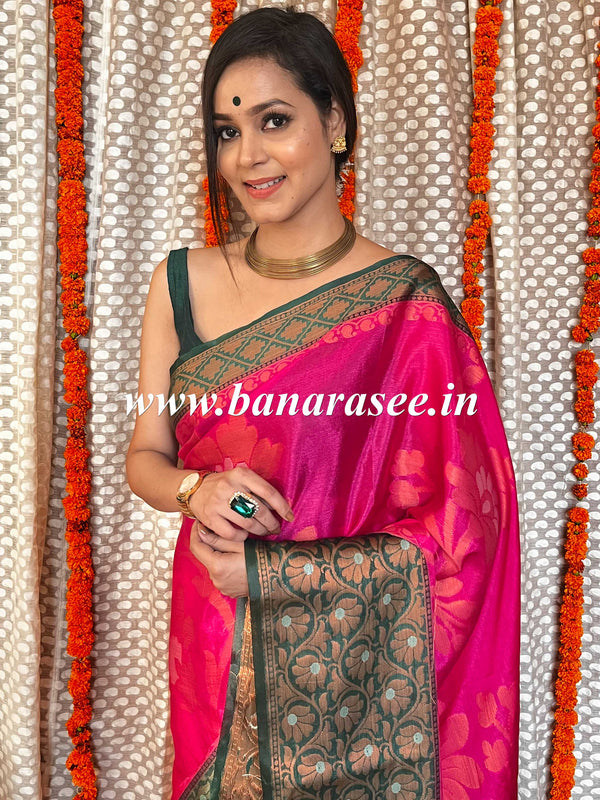 Banarasee Handwoven Semi Silk Saree With Zari Floral Jaal & Contrast Broad Border-Pink & Green