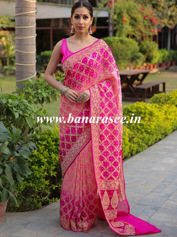 Banarasee Bandhini Work Pure Khaddi Chiffon Silk Sari With Buta Design-Pink