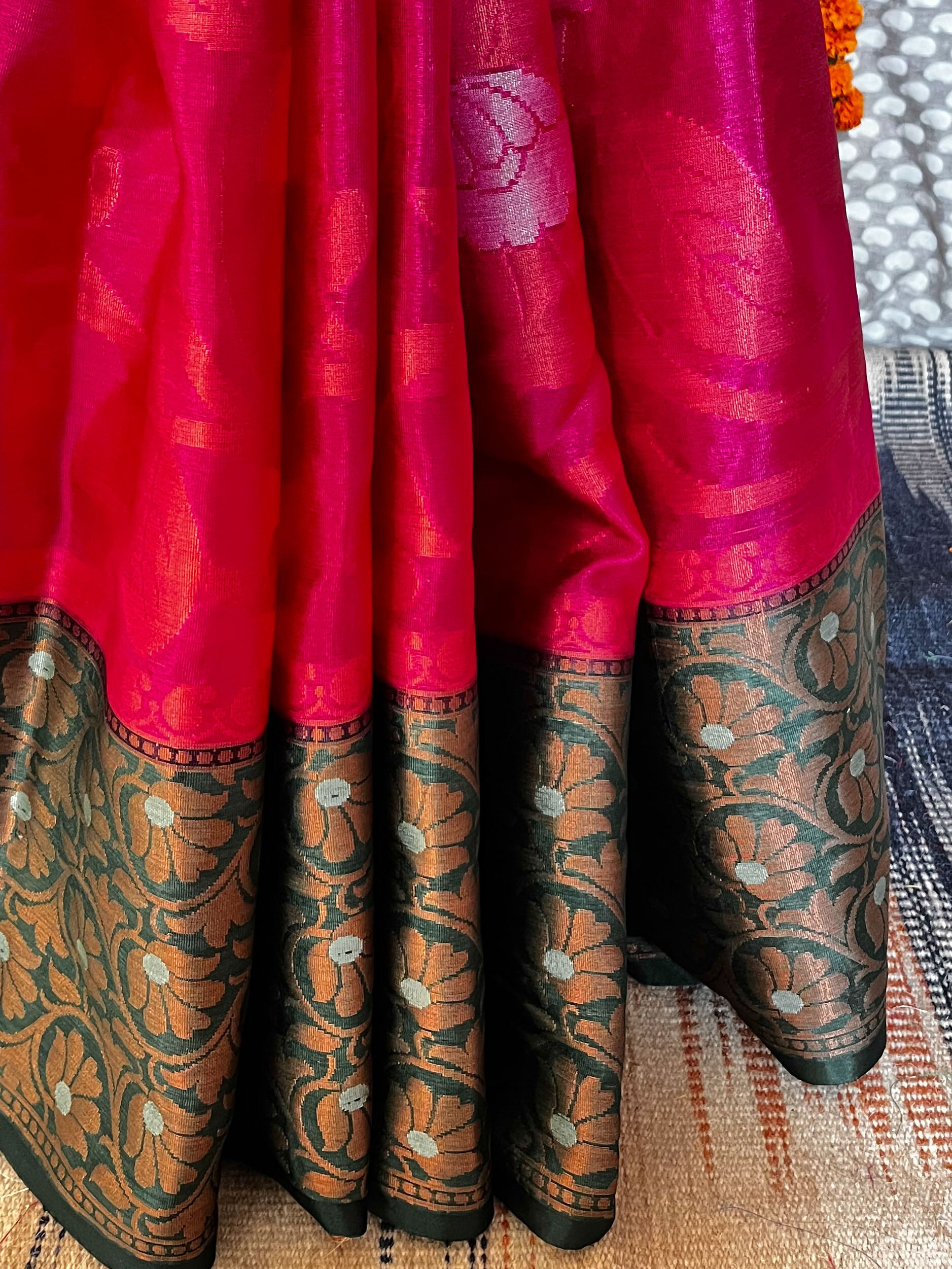 Banarasee Handwoven Semi Silk Saree With Zari Floral Jaal & Contrast Broad Border-Pink & Green
