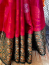 Banarasee Handwoven Semi Silk Saree With Zari Floral Jaal & Contrast Broad Border-Pink & Green