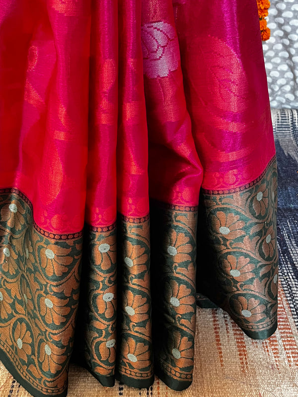 Banarasee Handwoven Semi Silk Saree With Zari Floral Jaal & Contrast Broad Border-Pink & Green