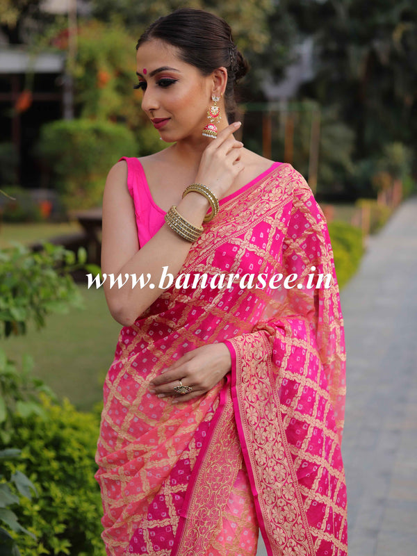 Banarasee Bandhini Work Pure Khaddi Chiffon Silk Sari With Buta Design-Pink