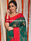 Banarasee Handwoven Cotton Silk Leaf Buta Saree With Red Satin Border-Green