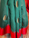 Banarasee Handwoven Cotton Silk Leaf Buta Saree With Red Satin Border-Green