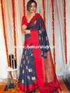 Banarasee Handwoven Cotton Silk Leaf Buta Saree With Red Satin Border-Deep Blue