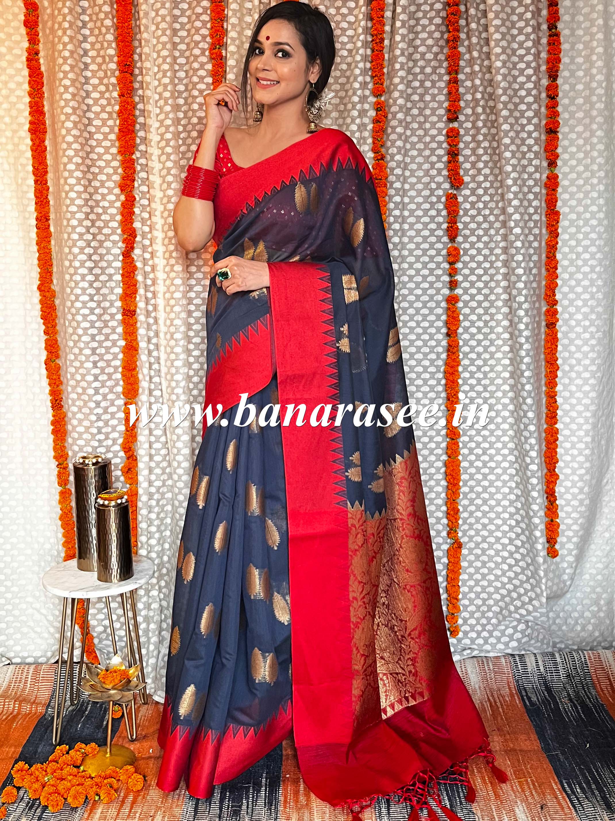 Banarasee Handwoven Cotton Silk Leaf Buta Saree With Red Satin Border-Deep Blue