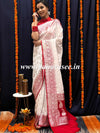 Banarasee Handwoven Faux Georgette Saree With Silver Zari Buti & Contrast Border Design-White & Red