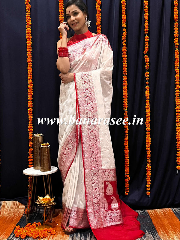 Banarasee Handwoven Faux Georgette Saree With Silver Zari Buti & Contrast Border Design-White & Red