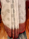 Banarasee Handwoven Faux Georgette Saree With Silver Zari Buti & Contrast Border Design-White & Red