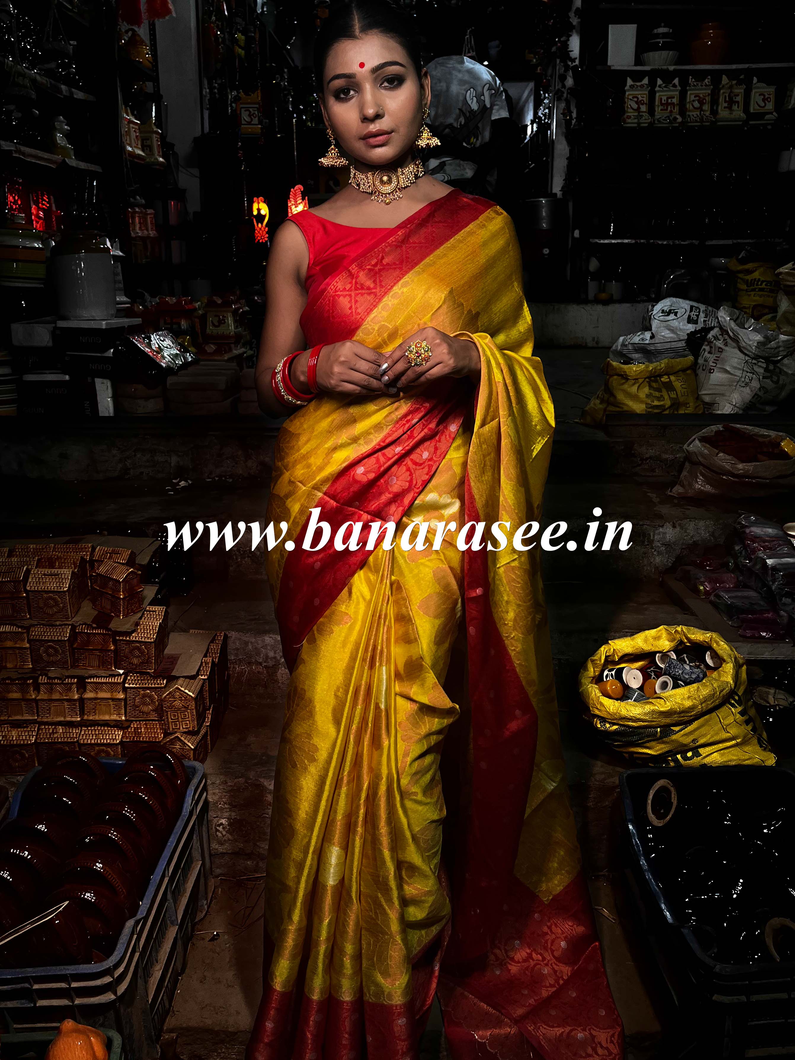 Banarasee Handwoven Semi Silk Saree With Zari Floral Jaal & Contrast Broad Border-Yellow  & Red