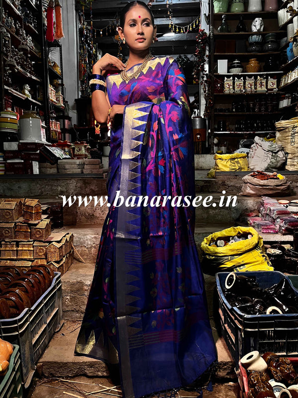 Banarasee Handwoven Silk Cotton Jamdani Saree With Resham & Zari Design-Blue