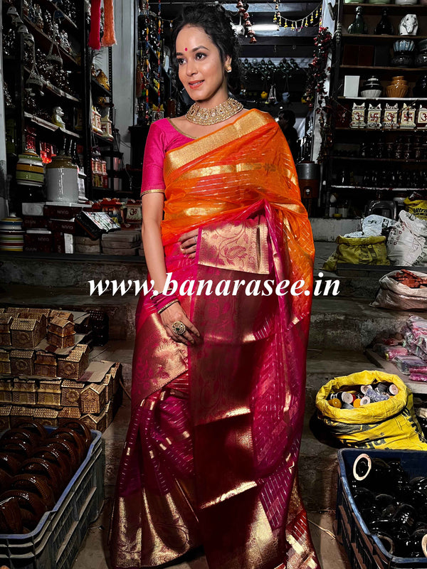Banarasee Organza Mix Saree With Stripes Design Dual Color & Broad Border-Pink & Orange