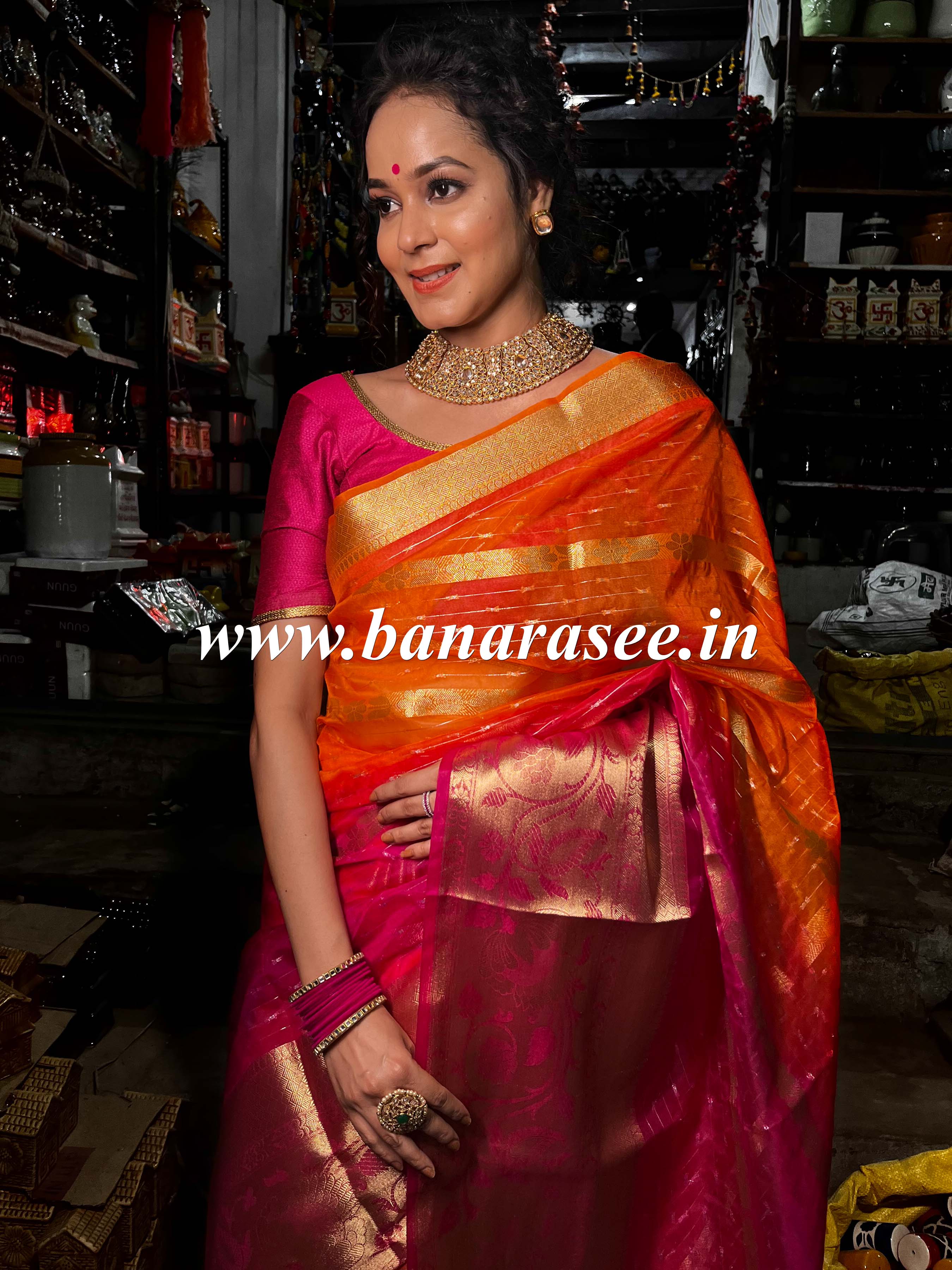 Banarasee Organza Mix Saree With Stripes Design Dual Color & Broad Border-Pink & Orange