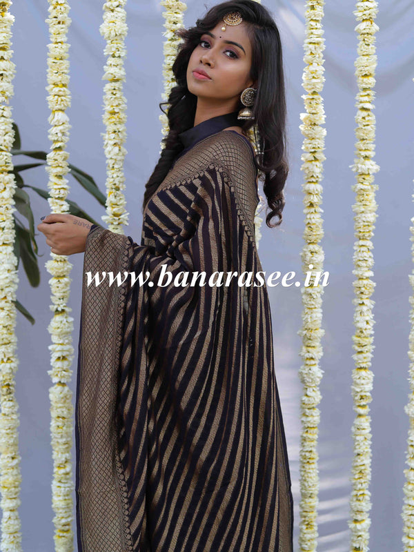 Banarasee Pure Khaddi Chiffon Silk Sari With Stripes Design Solid Zari Border-Black